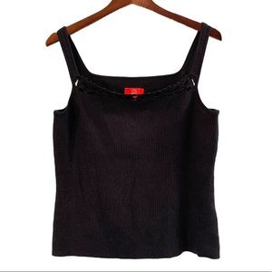 Oscar la Renta Navy Ribbed Tabk Top with Crochet Neckline, Size M